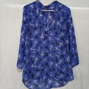 Rue21 Blue Cross Print Chiffon V-Neck Sheer Blouse High Low Hem Large